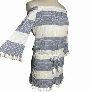 Blue Island blue and white stripe off the shoulder cover up 
Size M